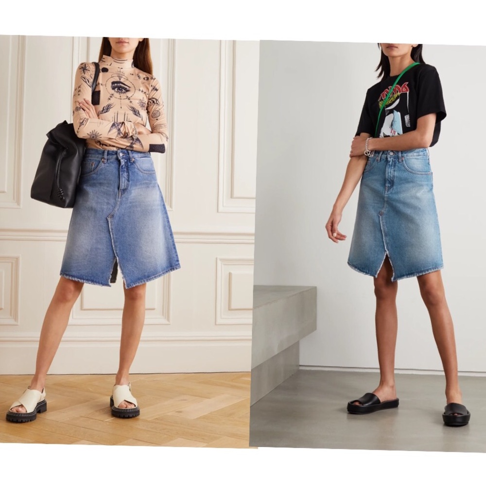 Hint distressed asymmetric, split hemline denim skirt